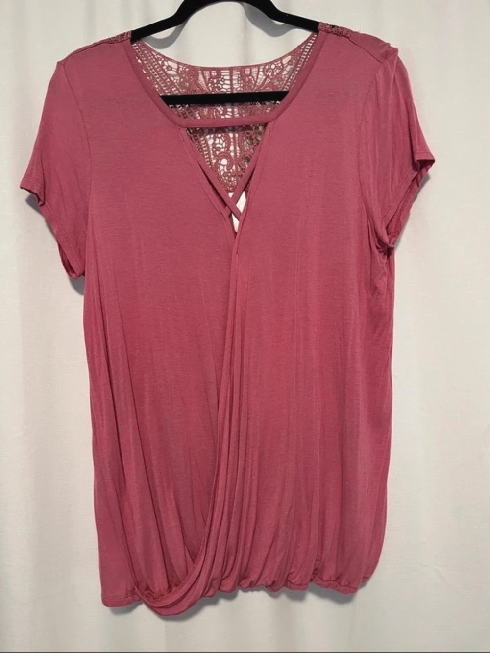 No Boundaries Dusty Rose Short Sleeve Lace-Back Draped Top